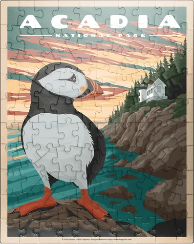 MyPuzzle Acadia National Park – Bass Harbor Puffins, póster de viaje vintage, rompecabezas de 100 piezas para adultos
