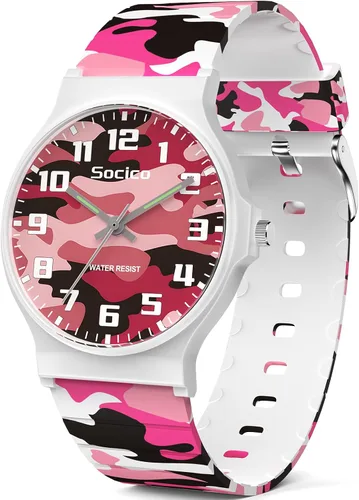 Miniatura 13 de SOCICO Reloj Analógico para Niños y Niñas, Dial Delgado 30M Resistente al Agua Reloj Deportivo de Camuflaje, Relojes de Pulsera Fáciles de Leer
