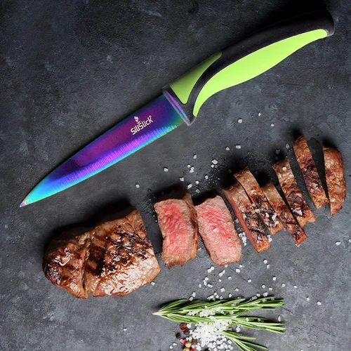 Miniatura 5 de SiliSlick Juego de cuchillos para carne de acero inoxidable, cuchillos de cocina coloridos con revestimiento de titanio con borde recto, suave