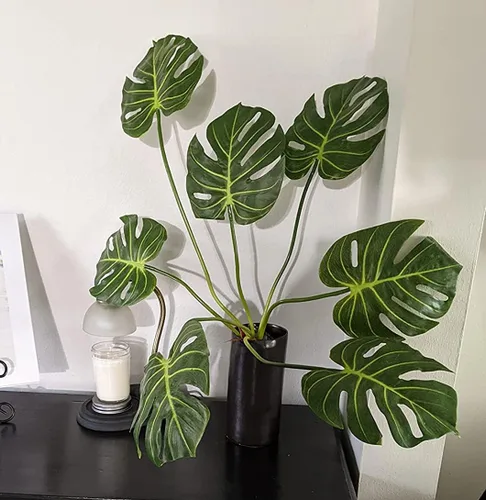 Miniatura 5 de CXGS Hojas de palma de Monstera tropicales artificiales, hojas de tortuga sintética con tallos de plantas de palma falsas de tacto real, hojas Verde