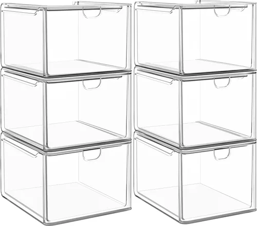 caktraie Paquete de 6 pequeños cajones apilables para baño, organizador de maquillaje acrílico para baño, contenedores de almacenamiento de plástico