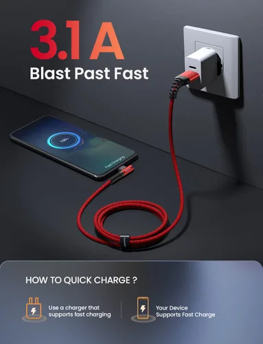 Miniatura 5 de AINOPE - Cable USB C a USB [Paquete de 3 unidades 3.3 pies/6.6 pies/10 pies] 3.1A USB carga rápida en ángulo recto, cable de carga USB C trenzado