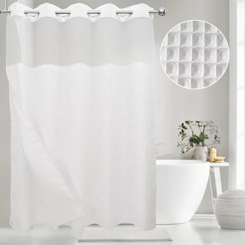 Miniatura 14 de VIUOON Cortina de ducha sin gancho de tejido de sarga con juego de forro de tela a presión, estilo hotelero con ventana superior transparente, tela