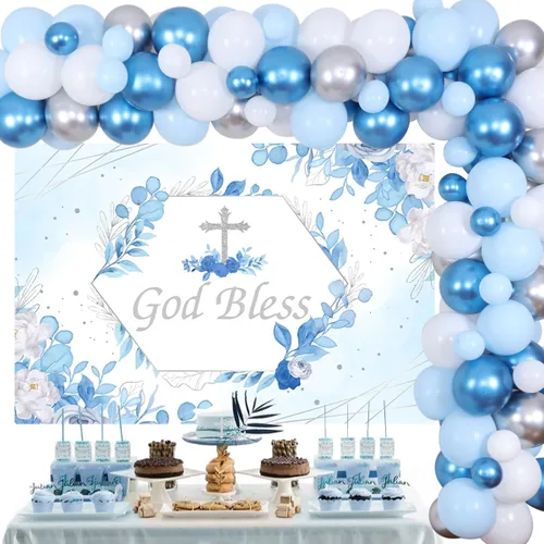 Cheereveal Decoraciones de bautismo para niños, color azul, decoración de fiesta de Dios bendiga, kit de guirnalda de globos azules y plateados, con