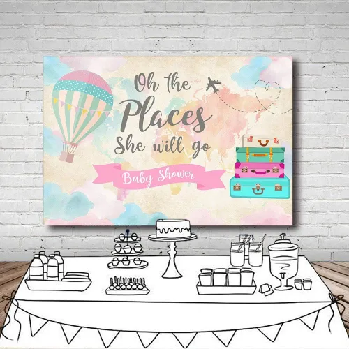 Miniatura 5 de Decoración de fiesta de baby shower de niña de viaje, telón de fondo, mapa rosa, maletas, viajes alrededor del mundo, globo aerostático, Oh The