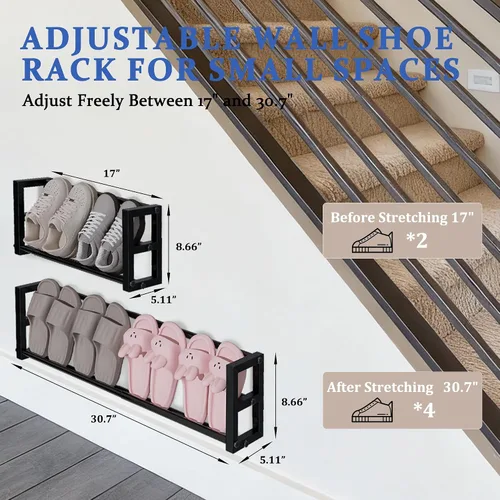 Miniatura 2 de Paquete de 2 zapateros estrechos de pared para espacios pequeños, zapatero colgante con capacidad para 8 pares, almacenamiento de zapatos de pared