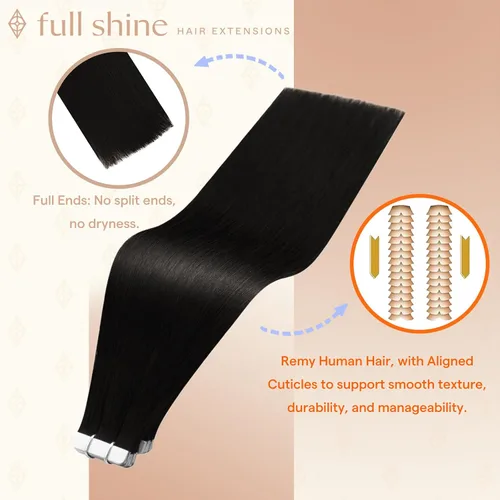 Miniatura 2 de Full Shine - Extensiones adhesivas de cabello Remy de 10 pulgadas, extensiones de cabello humano color negro desteñido de 1.06 oz, extensiones
