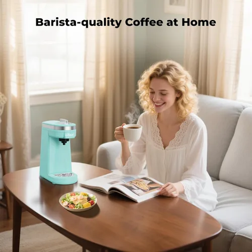 Miniatura 5 de CHULUX Mini cafetera para cápsulas K, cafetera de una sola porción para una taza americana, máquina de café ligera en cápsulas, aguamarina
