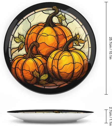 Miniatura 2 de Platos decorativos de Halloween, tres calabazas otoñales, con estampado de vitrales, plato de cena de cerámica para el hogar con soporte de Tres