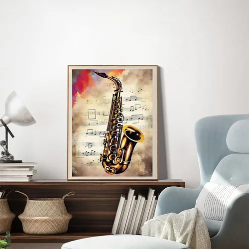 Miniatura 2 de YEEIFFD Notas musicales vintage de Navidad, saxofón musical retro, kit de pintura de diamantes para adultos, arte de diamantes por números, arte