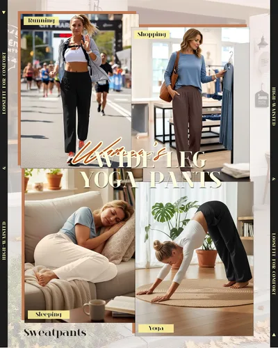 Miniatura 22 de Neer - Conjunto de 3 pantalones de yoga de pierna ancha para mujer - Pantalones deportivos cómodos, holgados, de cintura alta y casuales