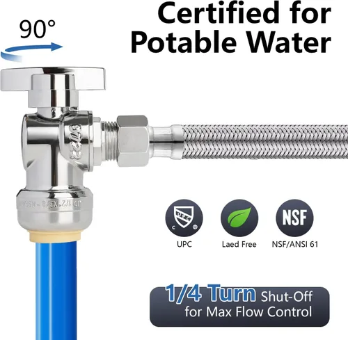 Miniatura 3 de Válvula de Parada Angular WiseWater 1/2" FNPT x 3/8" OD de Compresión, Válvula de Cierre de Inodoro de Cuarto de Vuelta de Latón Cromado para Baño