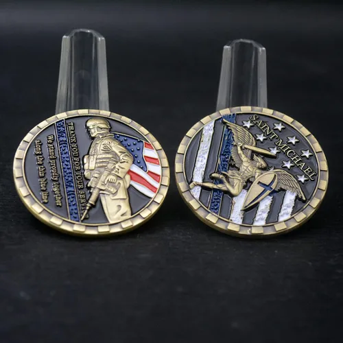 Miniatura 5 de Glamtune EEUU Policía Policía Oficial Challenge Coin Saint Michael Thin Blue line Oración Militar Moneda