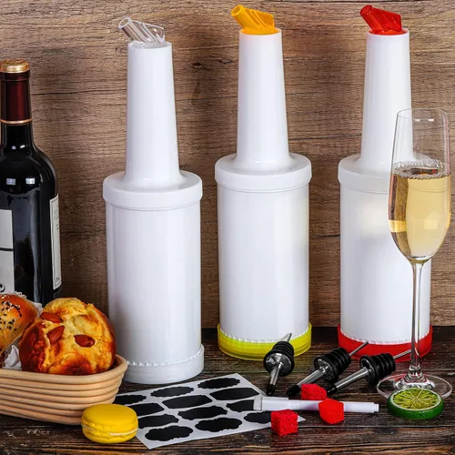 Miniatura 4 de Ruisita Paquete de 6 botellas de plástico para verter jugos de 34 onzas con 12 botellas de acero inoxidable con boquilla cónica, recipientes de jugo