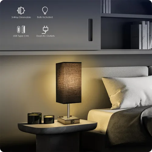 Miniatura 2 de Lámpara de noche con puertos USB - Lámpara de mesa de control táctil para dormitorio con puertos de carga USB C + A y salidas de AC, lámpara