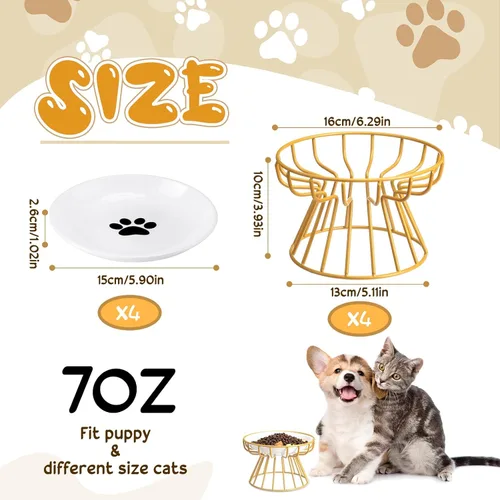 Miniatura 2 de Roshtia 4 juegos de cuencos elevados de cerámica para gatos con soporte de metal, platos aptos para lavavajillas, platos elevados antideslizantes
