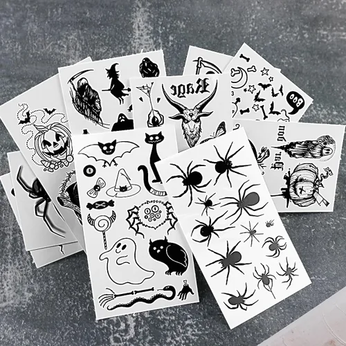 Miniatura 5 de 10 hojas de tatuajes temporales de Halloween para mujeres y hombres, calavera negra de terror, fantasma, araña, tatuajes falsos 3D, calcomanías