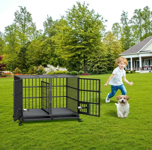 Miniatura 8 de Jaula resistente de 42 pulgadas para perros con divisor, jaula de acero indestructible a prueba de escapes, jaula de alta ansiedad para interiores