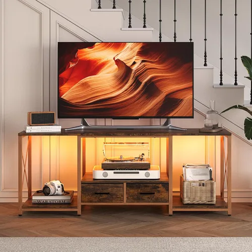 LED TV Stand with 2 Fabric Drawer - 55" Industrial TV Console Table with Open Storage Shelves for Living Room,Bedroom, Entertainment Center TV