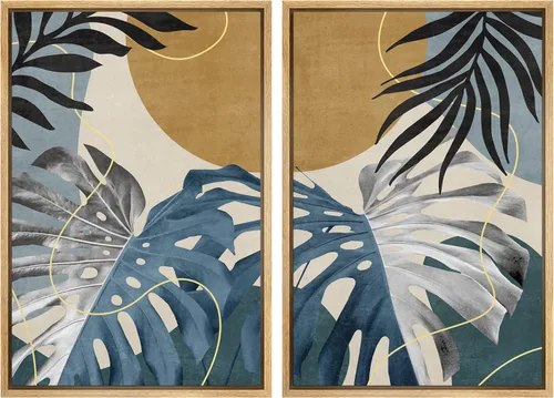 Miniatura 135 de SIGNFORD Lienzo enmarcado para pared, juego de arte con hojas de palmera de selva, polígonos geométricos, formas abstractas, ilustración, arte