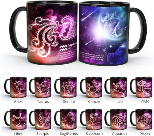 Miniatura 6 de Taza de Constelación de Acuario que Cambia con el Calor de 11 oz, Taza de Café de Horóscopo de Acuario, Taza de Cerámica que Cambia de Color, Regalo
