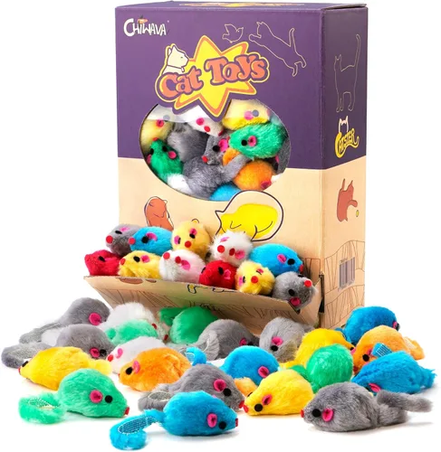 Miniatura 2 de CHIWAVA 60 piezas de 4.1 pulgadas de juguete de gato peludo ratones sonajero pequeño ratón gatito juego interactivo colores surtidos 60