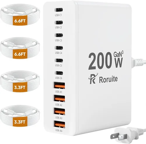 Miniatura 9 de Estación de carga USB C de 10 puertos con 4 cables USB, bloque de cargador GaN tipo C de 200W, adaptador de enchufe de regleta de alimentación