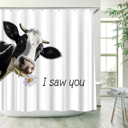 Divertida cortina de ducha con diseño de vaca, diseño floral de ganado, animales de granja, decoración de baño, cortinas de tela con gancho