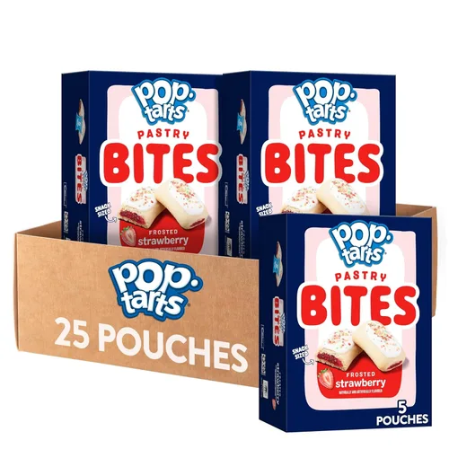 Pop-Tarts Bocaditos de pastelería horneados, aperitivos para niños, almuerzo escolar, fresa esmerilada (5 cajas, 25 bolsas)