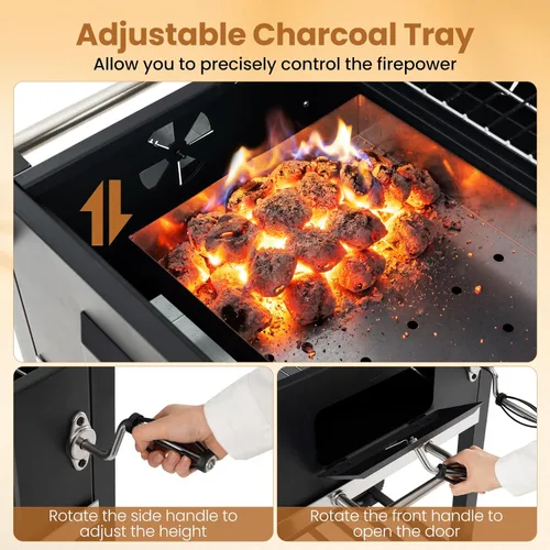Miniatura 4 de Giantex Parrilla de carbón con estante lateral plegable, parrilla de barbacoa al aire libre con bandeja de carbón ajustable, termómetro, estantes