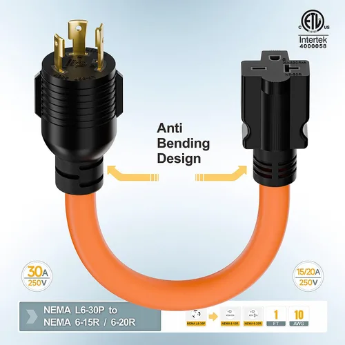 Miniatura 3 de Enchufe de bloqueo giratorio Nema L6-30P de 30 amperios macho a adaptador de hoja T 6-20R, generador STW 12-AWG 30A 250V 250V 6-20/15R, adaptador