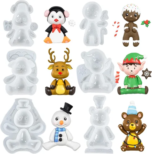 FUNSHOWCASE Moldes de silicona de Navidad, pingüino, reno, muñeco de nieve, hombre de jengibre, Papá Noel, elfo, oso, altura de 3 a 4 pulgadas, para