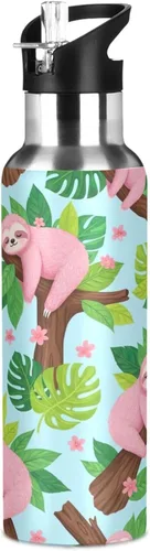 Miniatura 8 de Insulated Water Bottle 32 Oz, Leakproof Water Bottles for Gym Outdoor Travel School, Cute Pink Sloths Green Leaves
