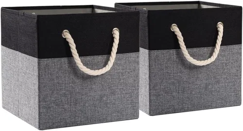 Miniatura 20 de PRANDOM Contenedores plegables grandes de almacenamiento de 11 x 11 pulgadas [paquete de 4] cestas de almacenamiento de tela de lino, cubos con asas