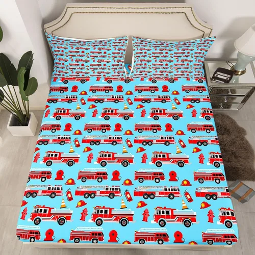 Miniatura 22 de Juego de sábanas bajeras ajustables para niños, diseño de caricaturas, camiones, tamaño individual, juegos de ropa de cama de excavadoras, camiones
