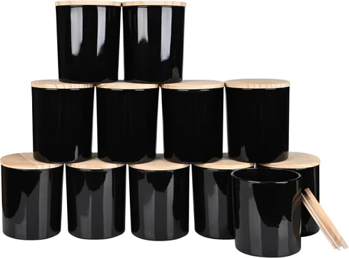 Miniatura 31 de SHOWIN Tarros de vela gruesos de 14 OZ para hacer velas 12 Piezas, tarros vacíos de 3 mechas con tapas de madera para hacer velas, recipiente