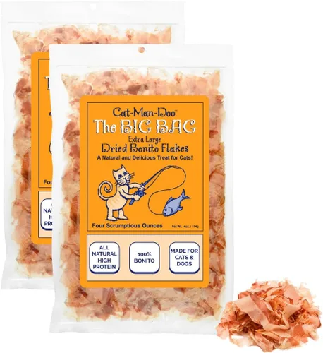 Cat-Man-Doo Hojuelas secas de bonito extra grandes para perros y gatos - Hojuelas naturales altas en proteínas - Bolsa de 4oz (2 paquetes)