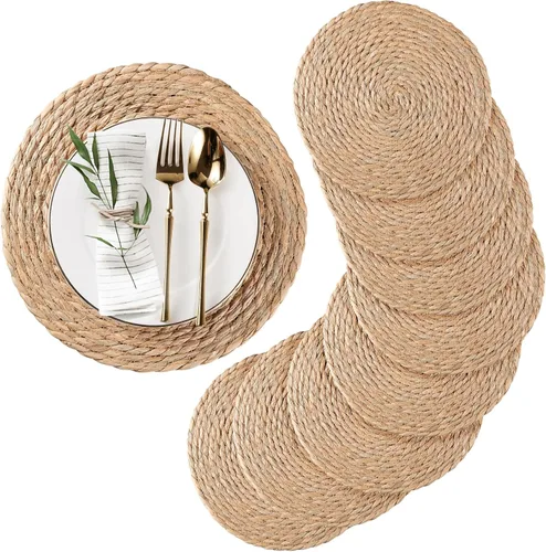 Juego de 10 manteles individuales redondos tejidos de jacinto de agua natural, manteles individuales de ratán de 12 pulgadas, manteles individuales