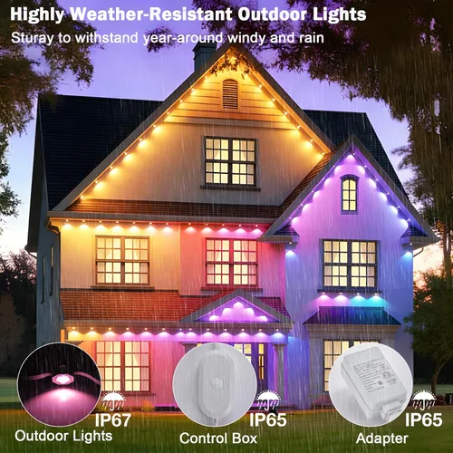 Miniatura 8 de iYogaled Luces exteriores permanentes para casa, 50 pies de luces de borde exterior inteligentes RGB con 63 modos de escena, luces LED impermeables