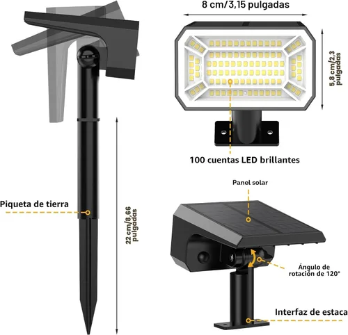 Miniatura 7 de Focos solares para exteriores, impermeables, IP65, [8 paquetes/100 LED/4 modos] 2 en 1, focos solares de paisaje, encendido/apagado automático