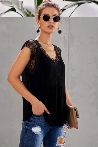 Miniatura 4 de Blusa de encaje con cuello en V para mujer, blusa casual sin mangas