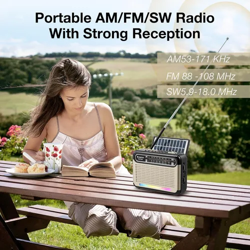 Miniatura 3 de G Keni Radio solar portátil AM FM SW con batería recargable, radio Bluetooth de onda corta, recepción fuerte, entrada de tarjeta USB/TF, panel