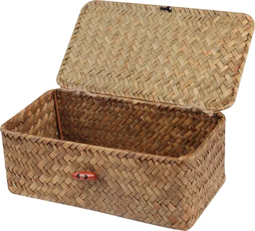 Miniatura 11 de Moosky Cestas de mimbre con tapa, cesta tejida a mano de pastos marinos para cestas de almacenamiento, cajas de regalo rectangulares para el hogar