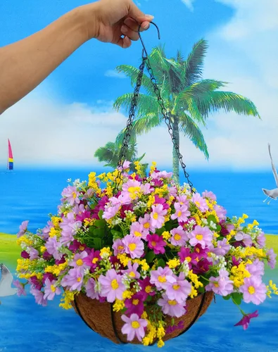 Miniatura 2 de Cesta colgante de cadena de flores de seda, maceta artificial de margaritas moradas, flores falsas (cesta mediana)