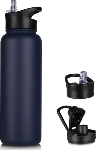 Miniatura 34 de Botella de agua aislada de 64 onzas con tapas de pajita y boquilla, jarra de agua de acero inoxidable de medio galón con mango de paracord, vacío