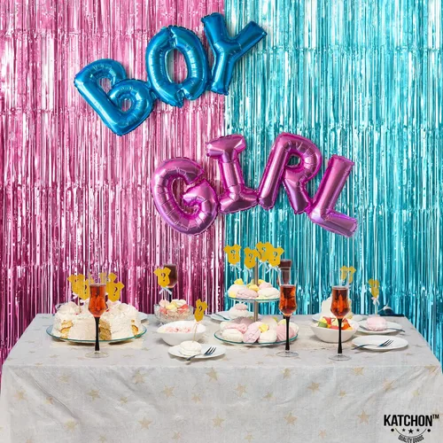 Miniatura 7 de KatchOn - Flecos de papel de aluminio rosa y azul, grande de 6.4 x 8 pies, paquete de 2 Decoraciones de revelación de género para niñas o niños