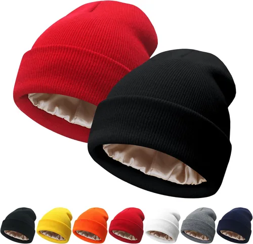 Miniatura 16 de NPQQUAN 2 PCS Satin Lined Beanie for Women Silk Lined Beanies Winter Warm Soft Lining Cuffed Knit Beanie Hats for Women