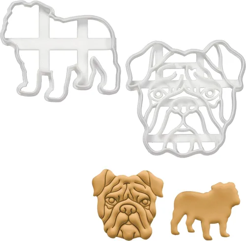Juego de 2 cortadores de galletas Bulldog Inglés (Diseños: Silueta de Bulldog Inglés y Cara de Bulldog Inglés), 2 piezas - Bakerlogy