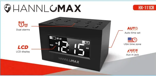 Miniatura 4 de HANNLOMAX Radio despertador HX-111CR, radio PLL AM/FM, alarma dual, pantalla LED blanca, DST automático, conector auxiliar (negro)