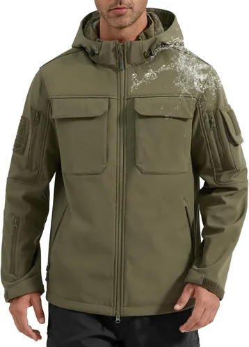 Miniatura 14 de FREE SOLDIER Chaqueta impermeable Softshell con forro polar para hombre, chaqueta táctica militar con capucha rompevientos